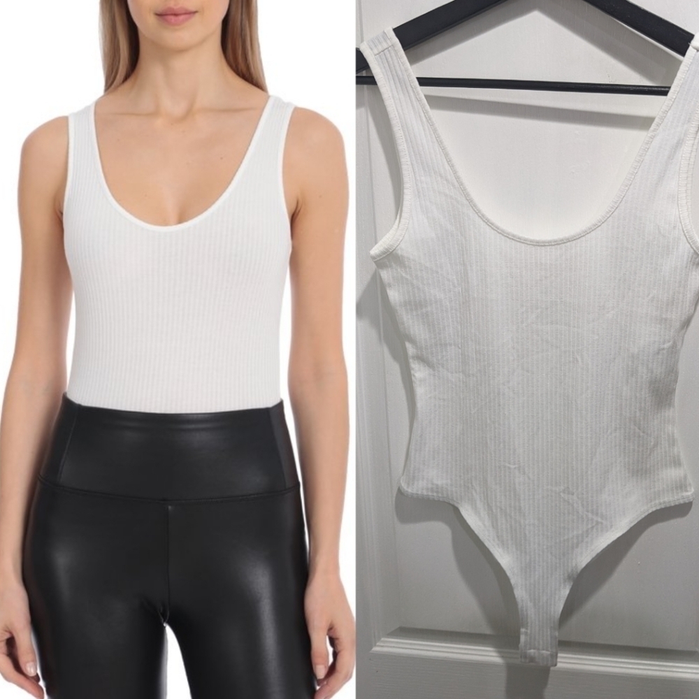 Avec les Filles | Ribbed Scoop Neck Thong Bodysuit in White
